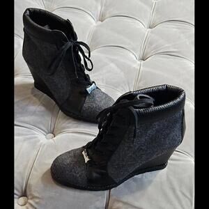 Kate Spade Gray Black Leather LaceUp Wedge Heels Ankle Booties Womens Shoes 8.5